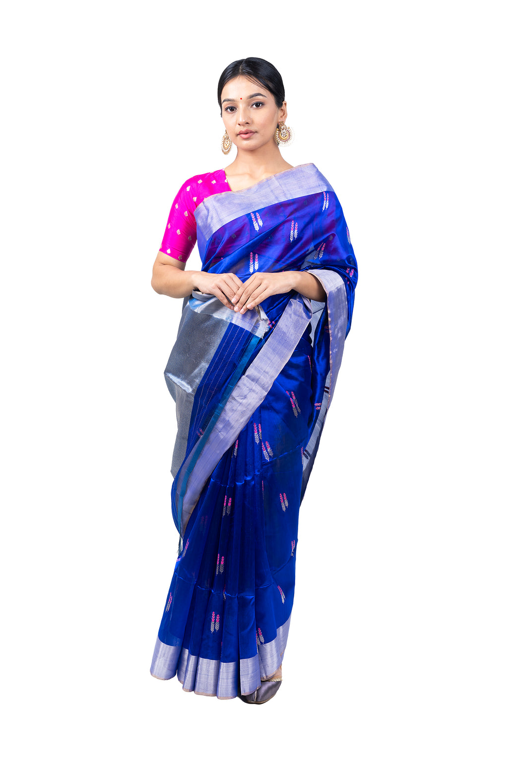 Woman wearing a blue saree with a pink blouse on a white background