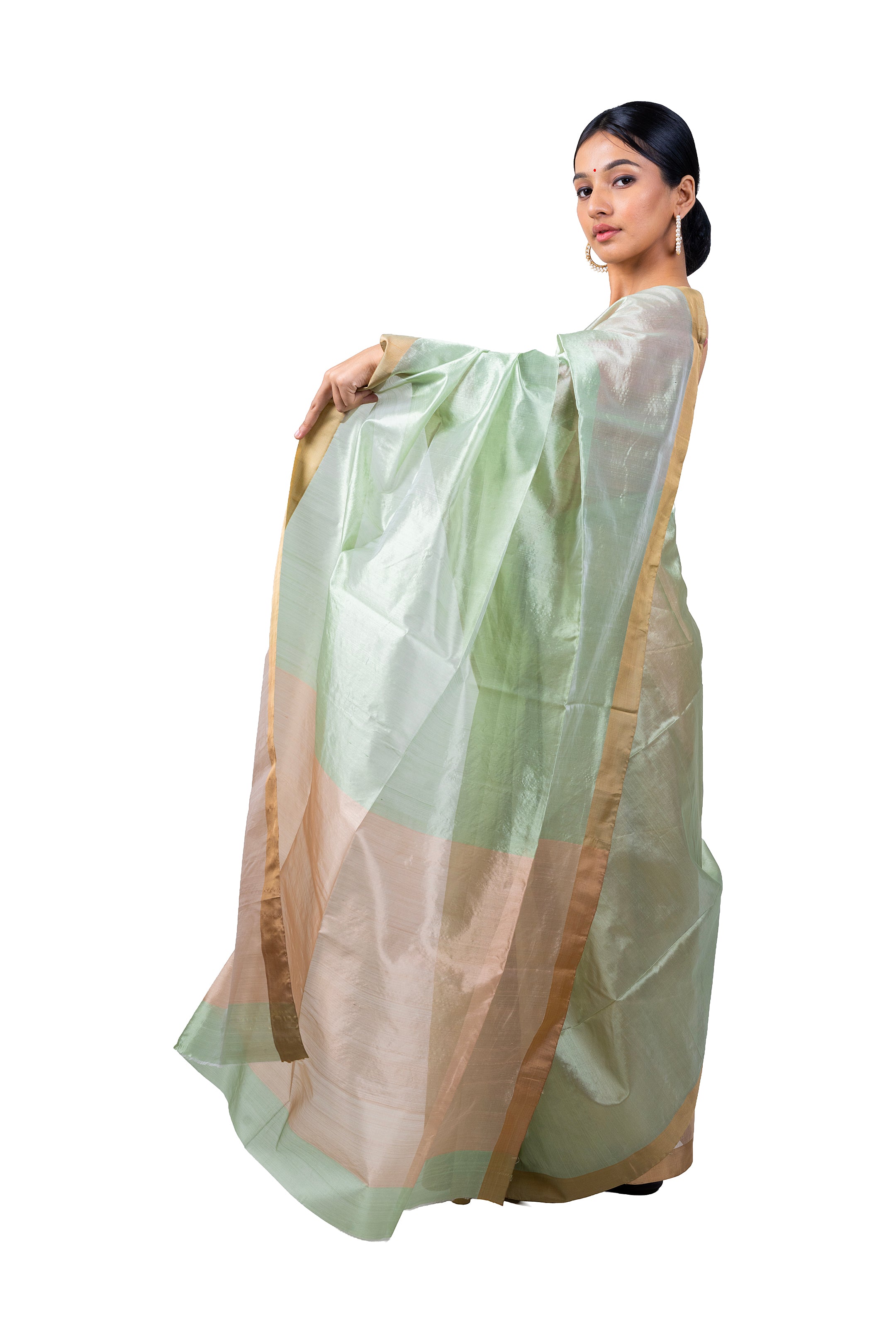 Woman wearing a light green saree with a white background