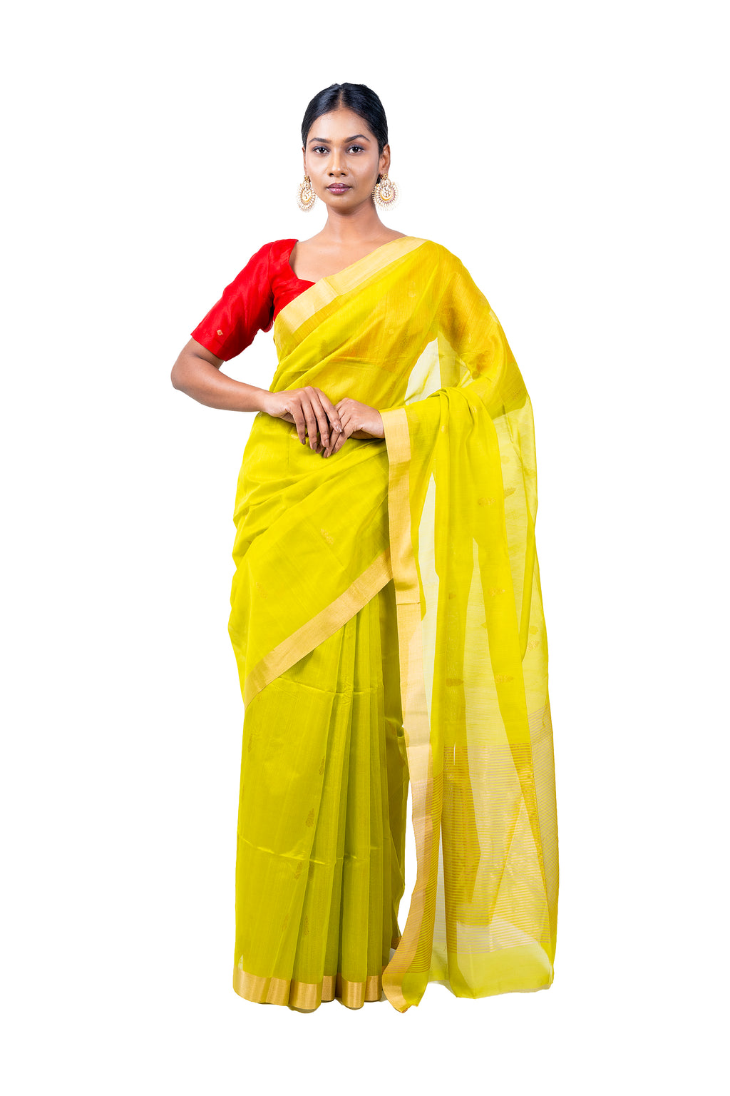 Woman wearing a yellow saree with a red blouse on a white background