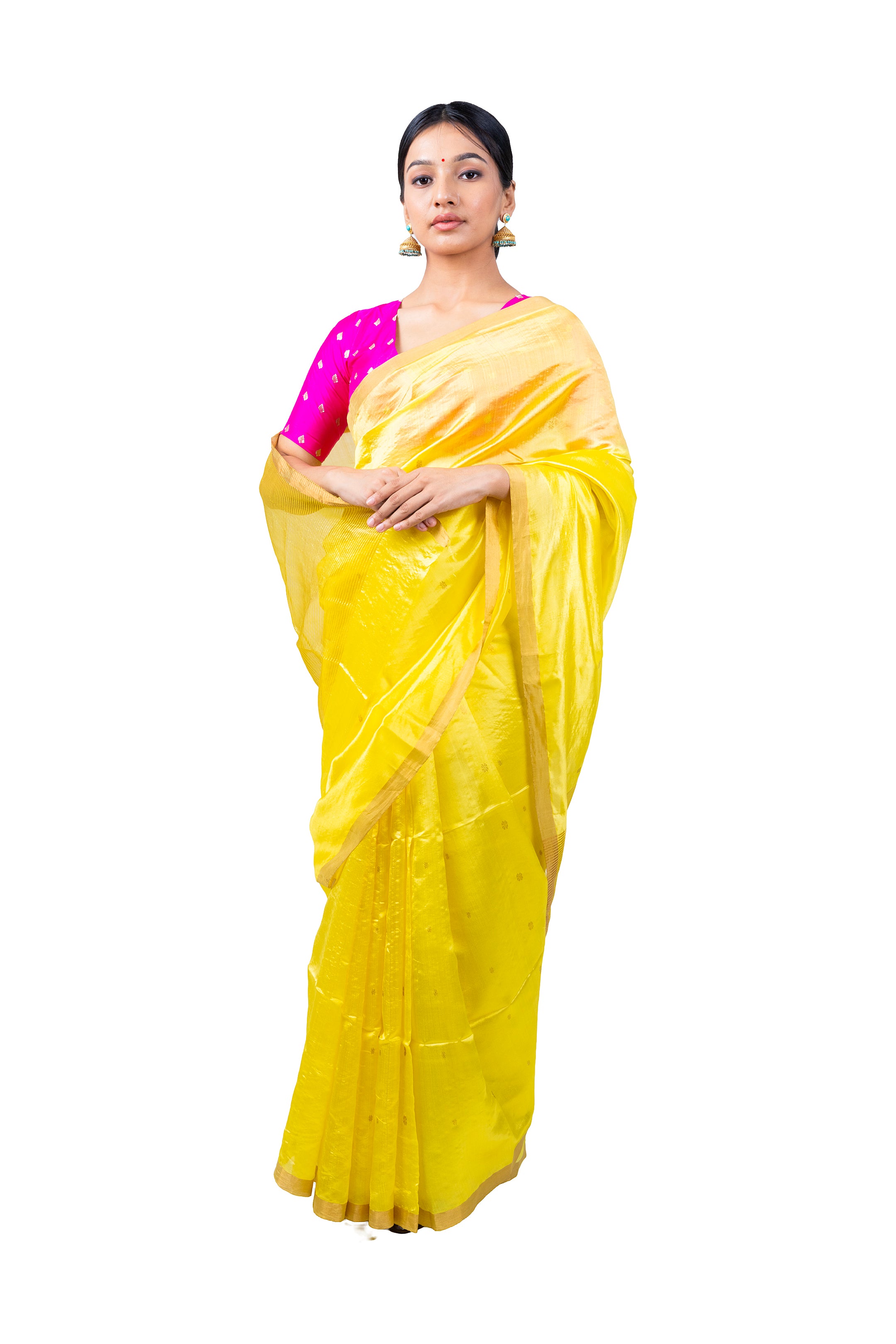 Woman wearing a yellow saree with a pink blouse on a white background