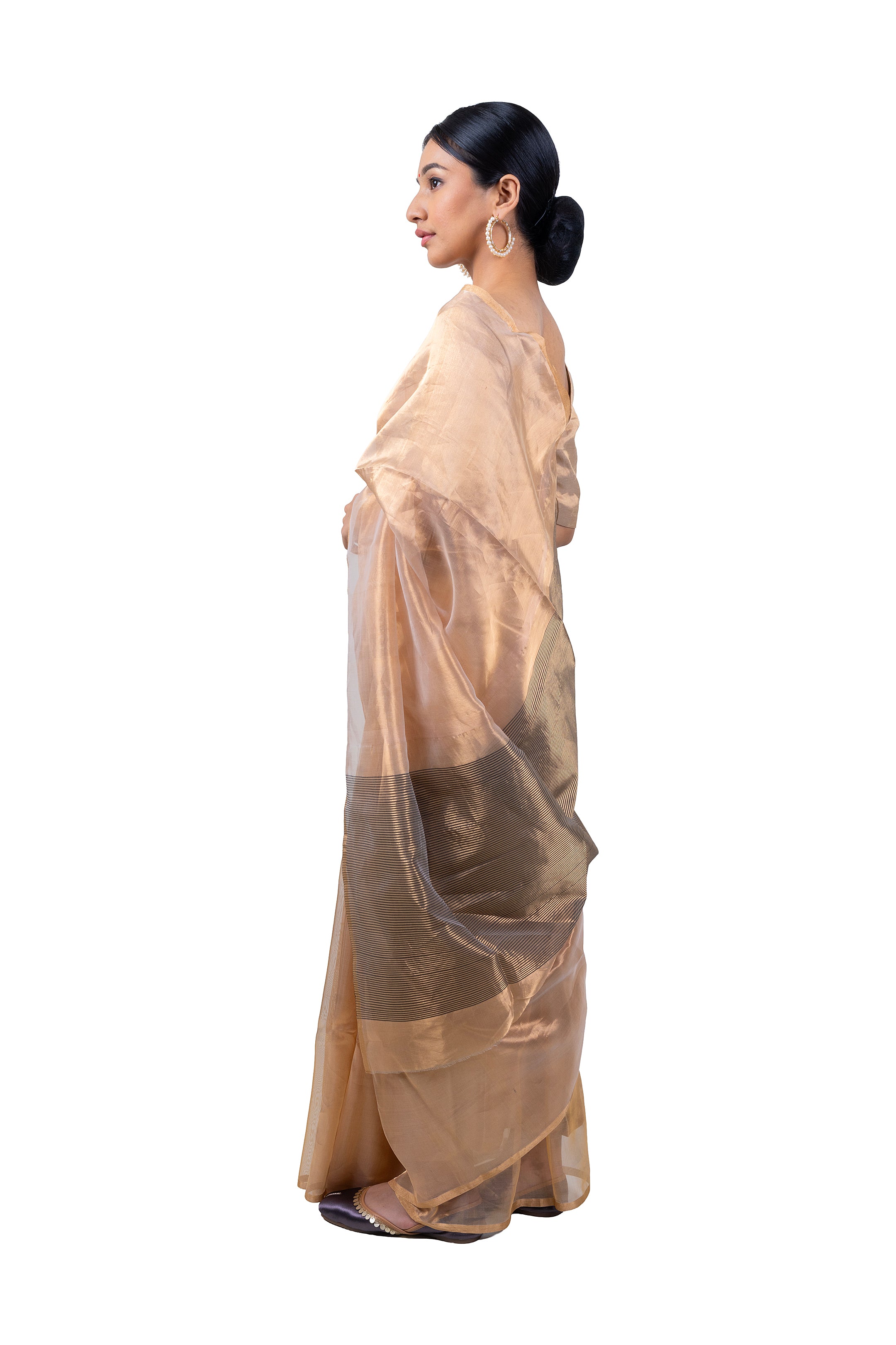 Woman wearing a beige and brown saree on a white background