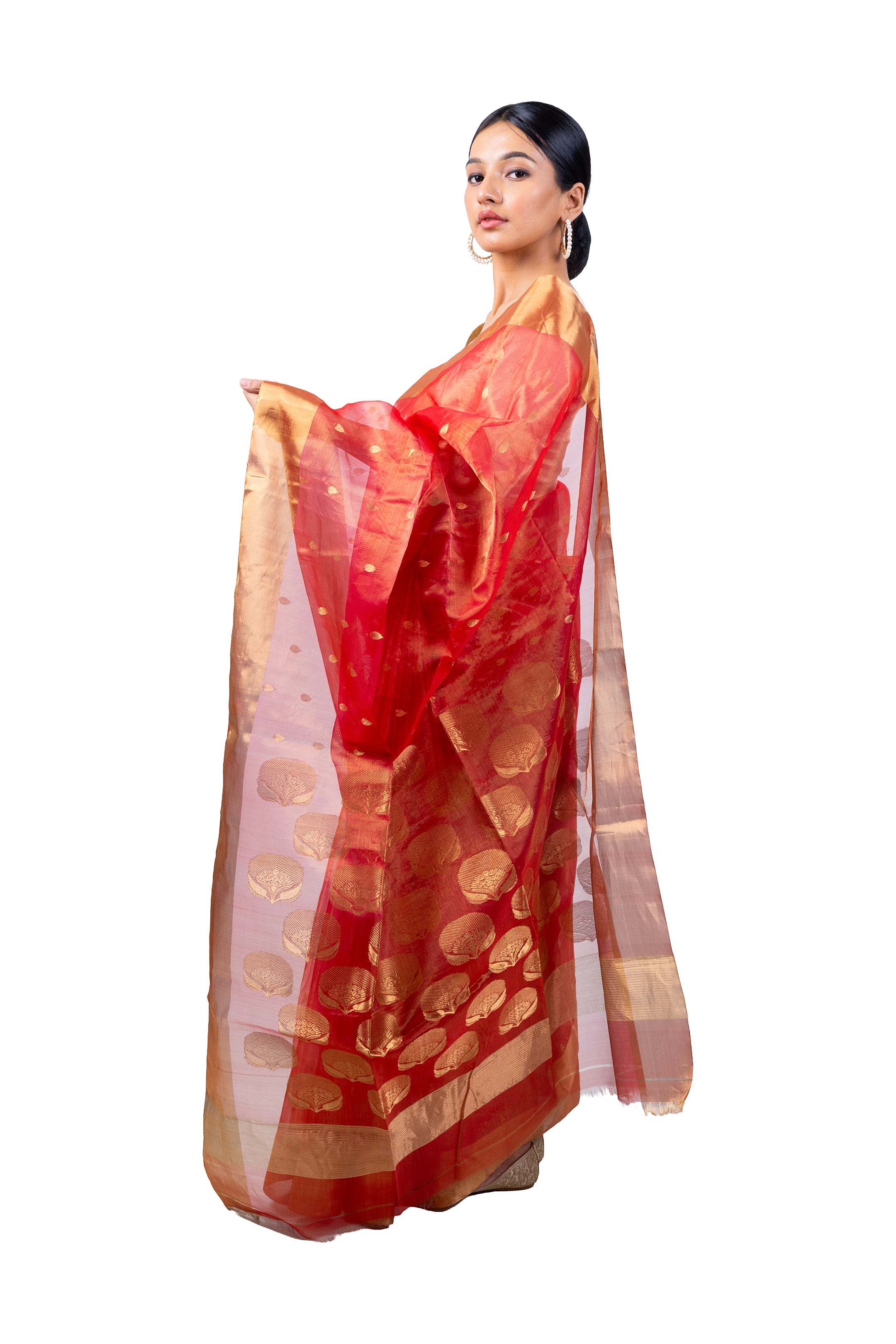 Woman wearing a red saree with gold patterns on a white background