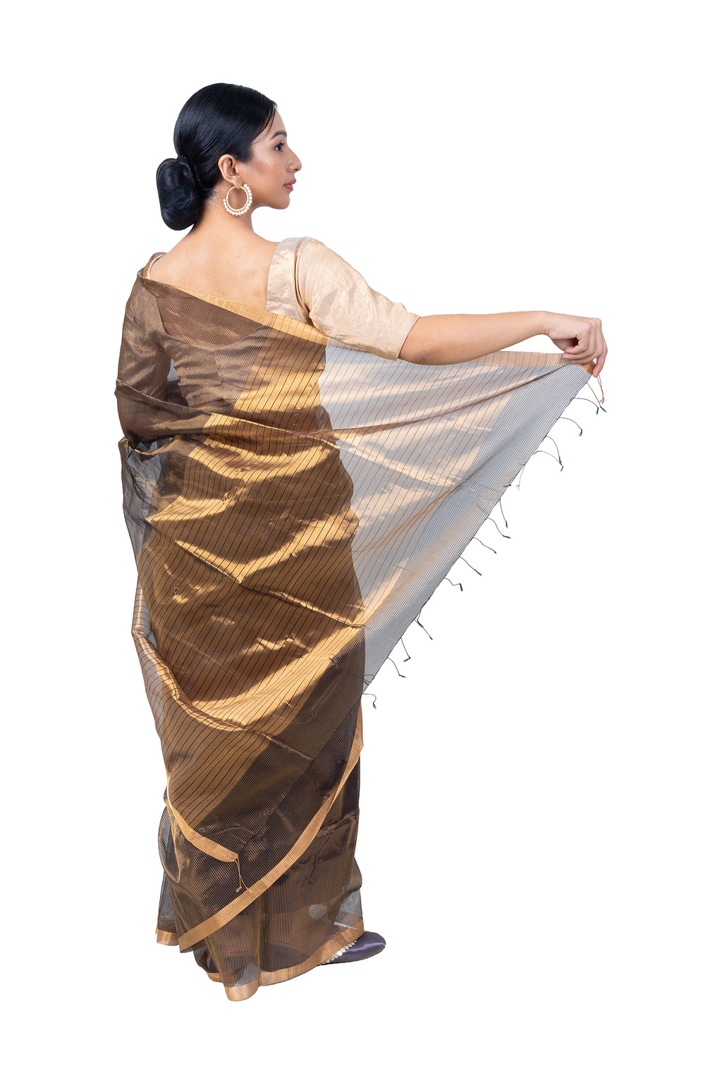 Woman wearing a traditional saree with a white background