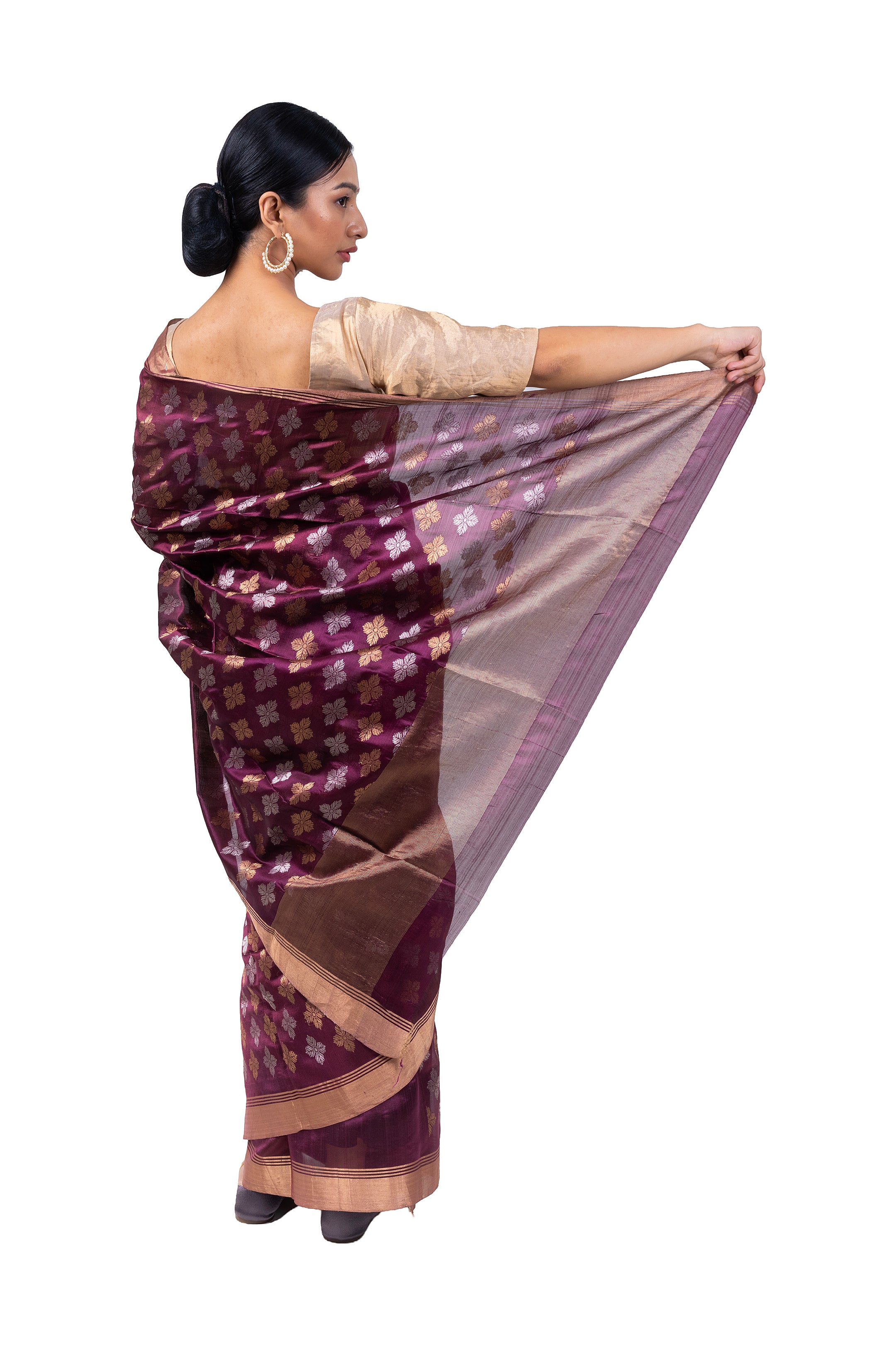 Woman wearing a patterned saree on a white background
