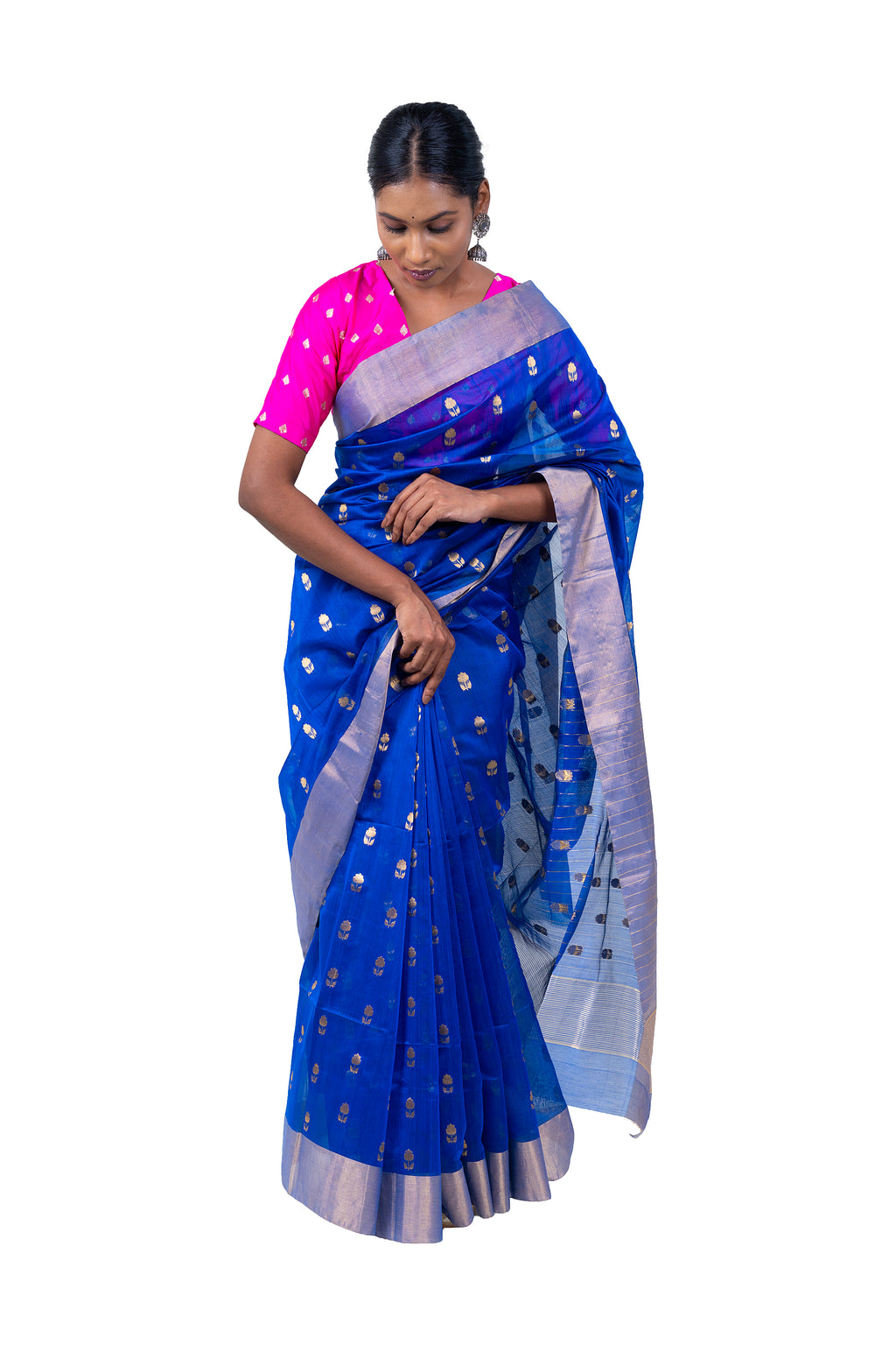 Woman wearing a blue saree with a pink blouse on a white background