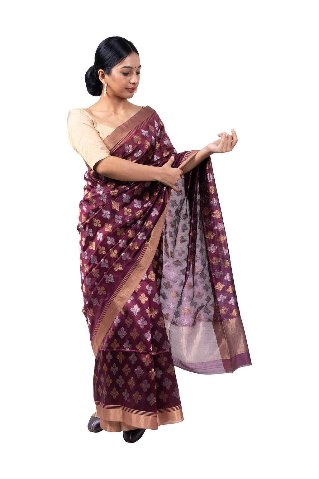 Woman wearing a patterned saree on a white background