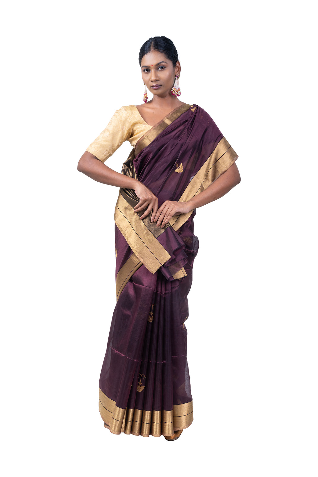 Woman wearing a traditional purple and gold saree on a white background